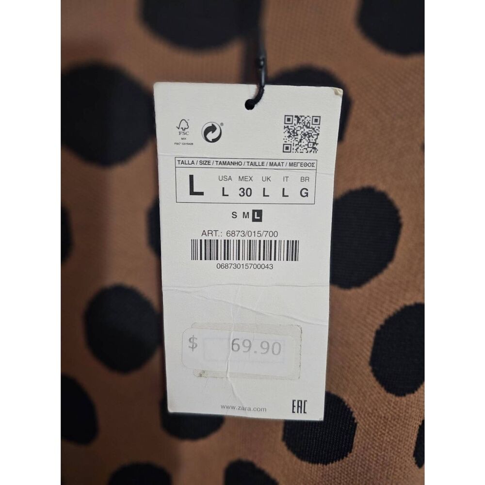 ZARA Tan Jersey Knit Fitted Dress Black Accent Flare Sleeves NWOT Size Large - Picture 8 of 9